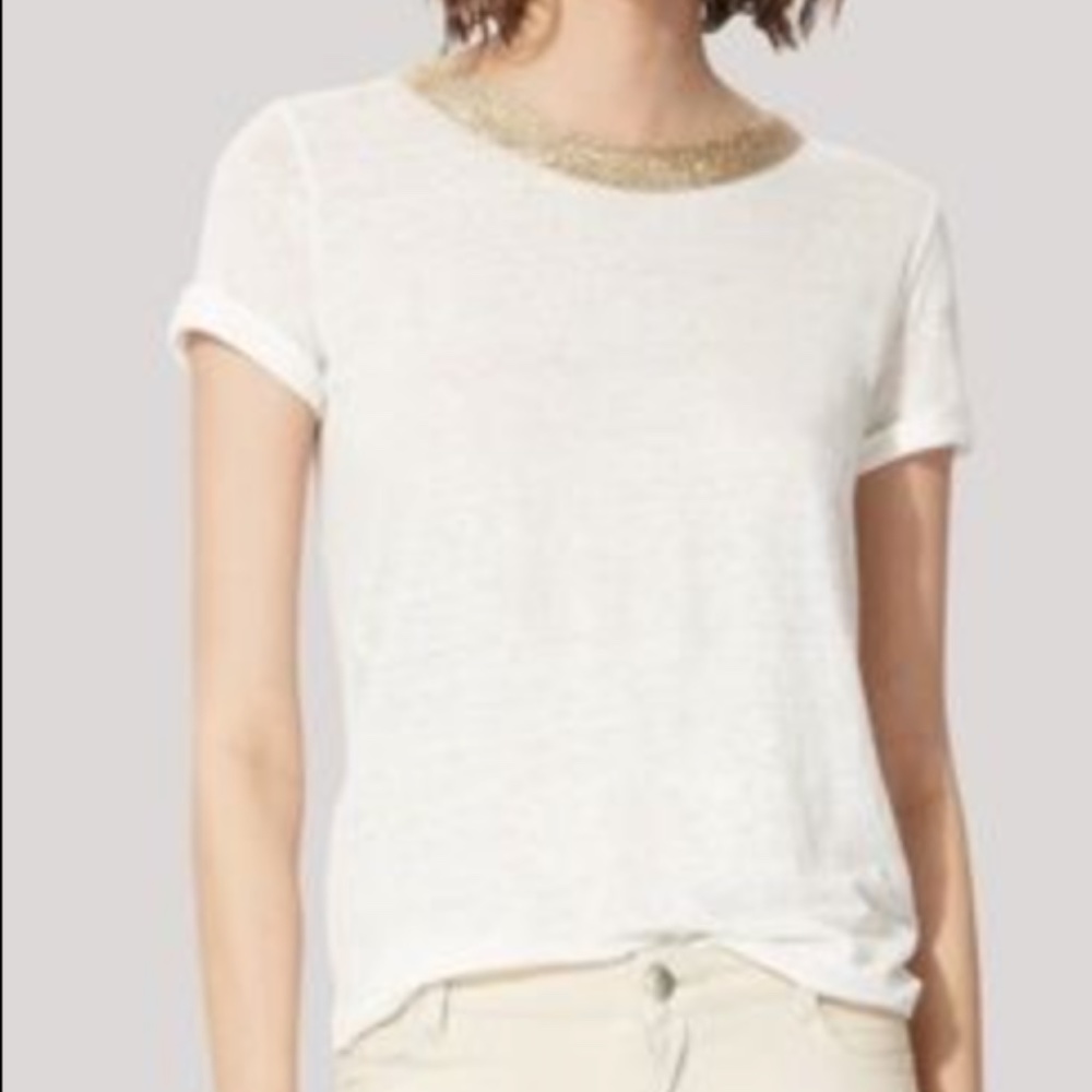 Maje White Linen top with Gold neckline
